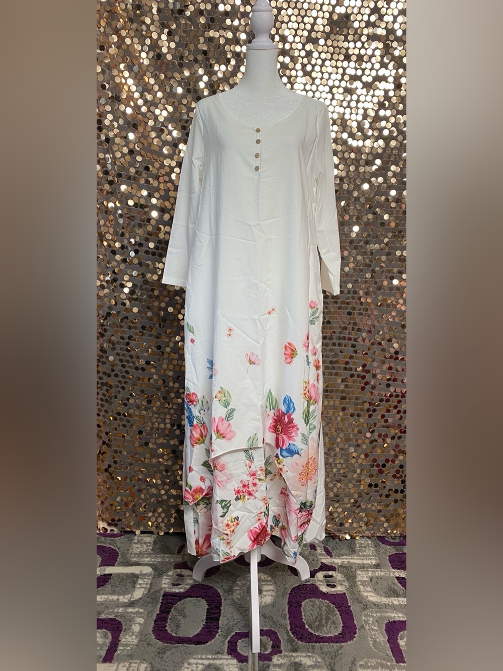 White long sleeve maxi dress with multicolor flowers print size medium #1562